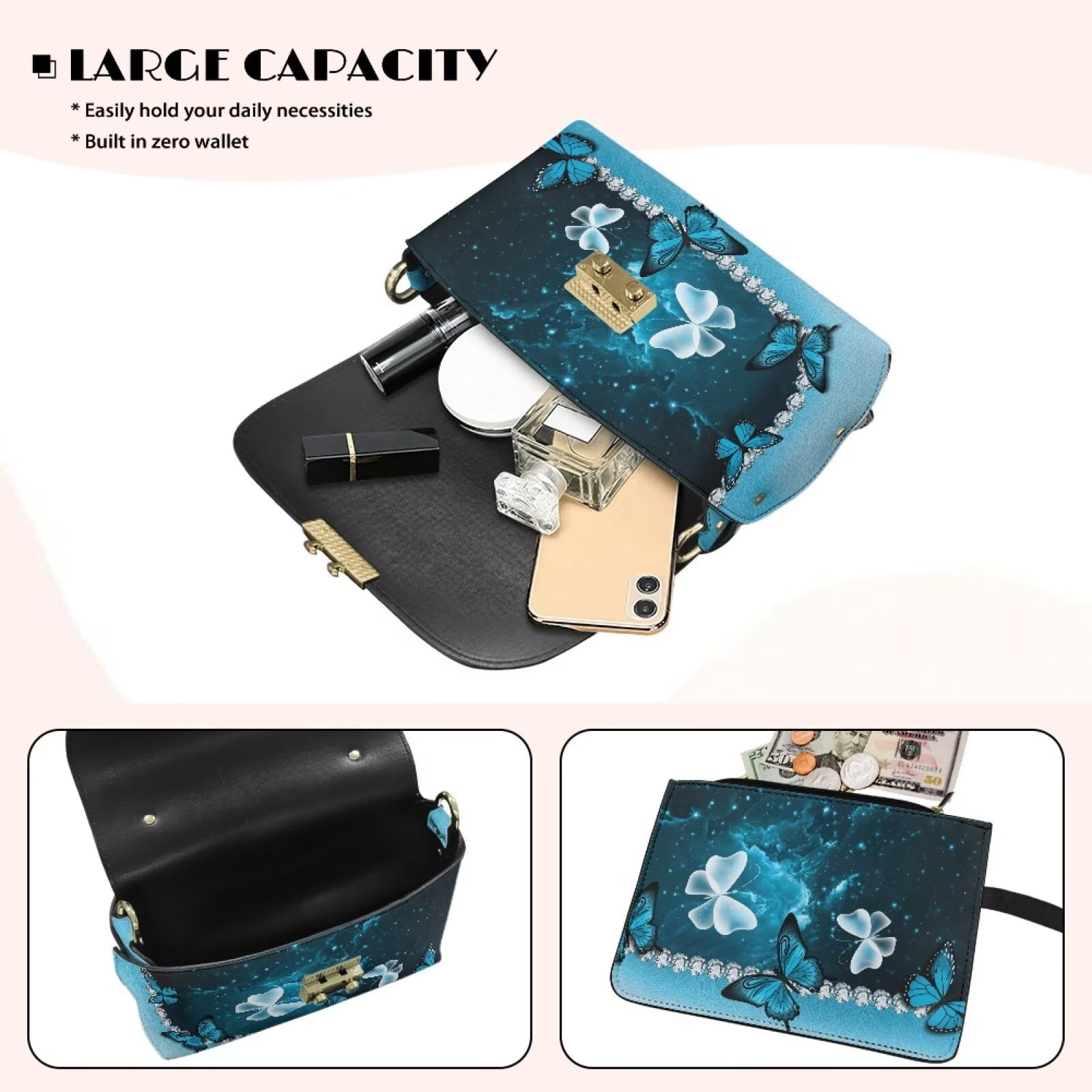 Pzuqiu Blue Butterfly Leather Crossbody Bag Versatile Minimalist Small Leather Crossbody Bags for Women Metal Chain Strap Vintage Casual for Teen Girls-Women