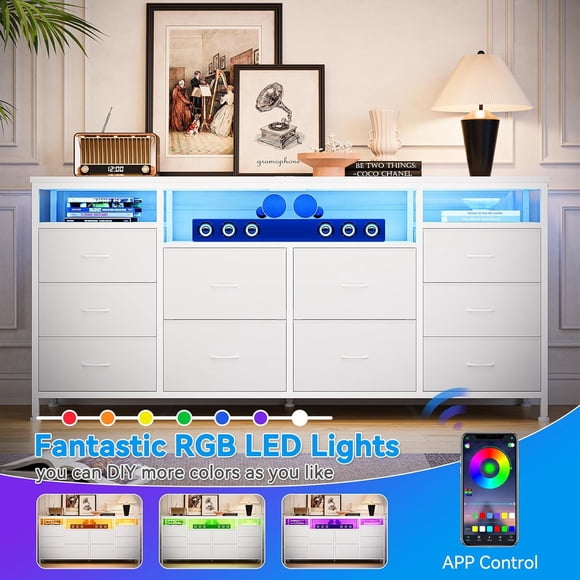 Historyli Cómoda de 10 cajones para TV de 65/70/75 pulgadas,cómoda de tela de 63 pulgadas de ancho y largo,cómoda para dormitorio con luces LED y enchufes,de cuero blanco.