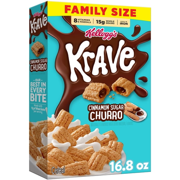 Kellogg's Krave Breakfast Cereal, Breakfast Food, Family Size, Cinnamon Sugar Churro, 16.8oz Box (1 Box)