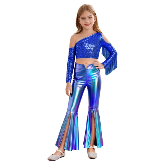 TTAO Kids Girls 70s Disco Clothes Set Shiny Metallic Fringed Crop Top And Bell-bottom Pants Wedding Birthday Partywear Royal Blue 14