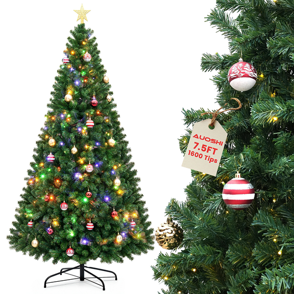 AUOSHI 7.5 FT Pre lit Christmas Tree, Full 1600 Tips, Artificial Christmas Tree with Lights, PVC, Green Xmas Tree with 380 LED, 11 Modes, 24 Ornaments, Iron Stand, Tree Topper for Home, Office, Party