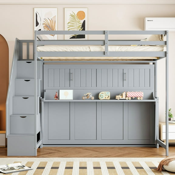 Harper & Bright Designs Full over Full Murphy Bed with Stairs, Convertible Wall Bed Frame with Hydraulic Lift & Desk, Murphy Cabinet Beds with Upper Bed, Gray