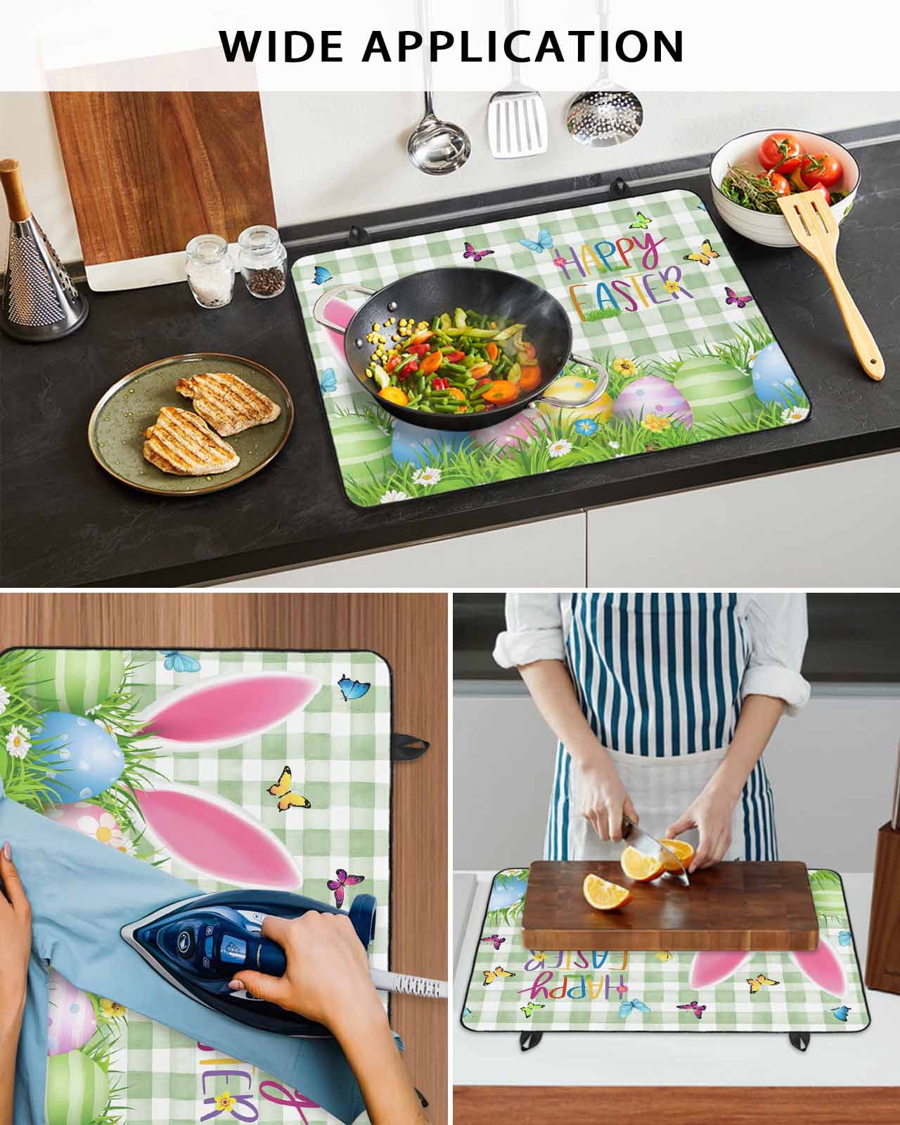 Large Induction Cooktop Protector Mat Easter Stove Top Covers for Electric Stove, Spring Easter Eggs Bunny Butterflies Green Plaid Decorative Stove Burner Cover Mats, Glass Top Stove Cover