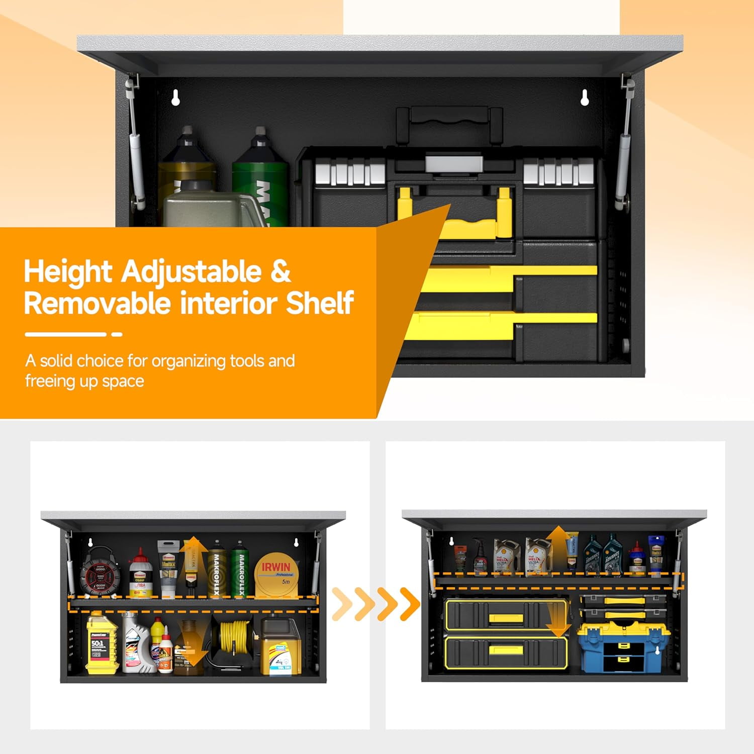 Kooyon Wall Mounted Metal Garage Cabinet with Adjustable Shelf & Doors, Floating Upper Storage Tool Cabinet for Garage Warehouse, Black Gray