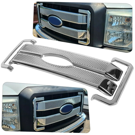 Kojem Super Duty 4PCS Moulding Front Chrome Grill Cover Mesh Grille Overlay  for 2011-2016 Ford F250 F350 Super Duty Bumper Grill Covers Hood