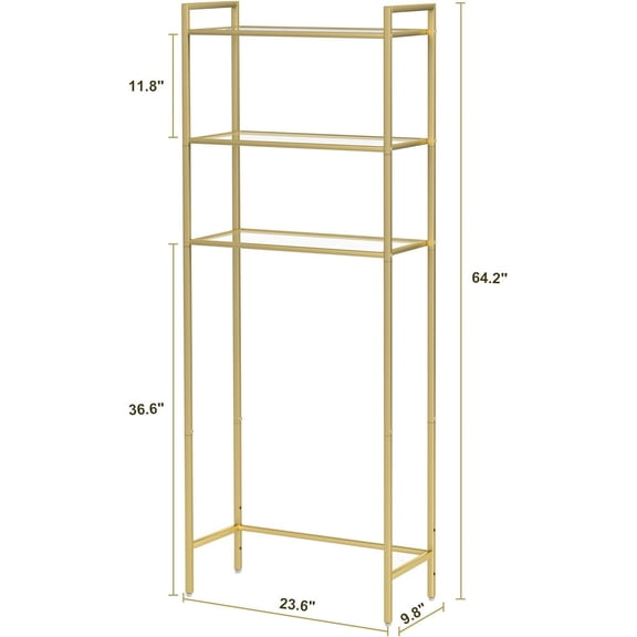 Golden 3-Tier Over The Toilet Storage, Metal Rack with Tempered Glass Shelves | Hot Pick | Modern Style, Space-Saving, Bath Restroom Laundry Organizer