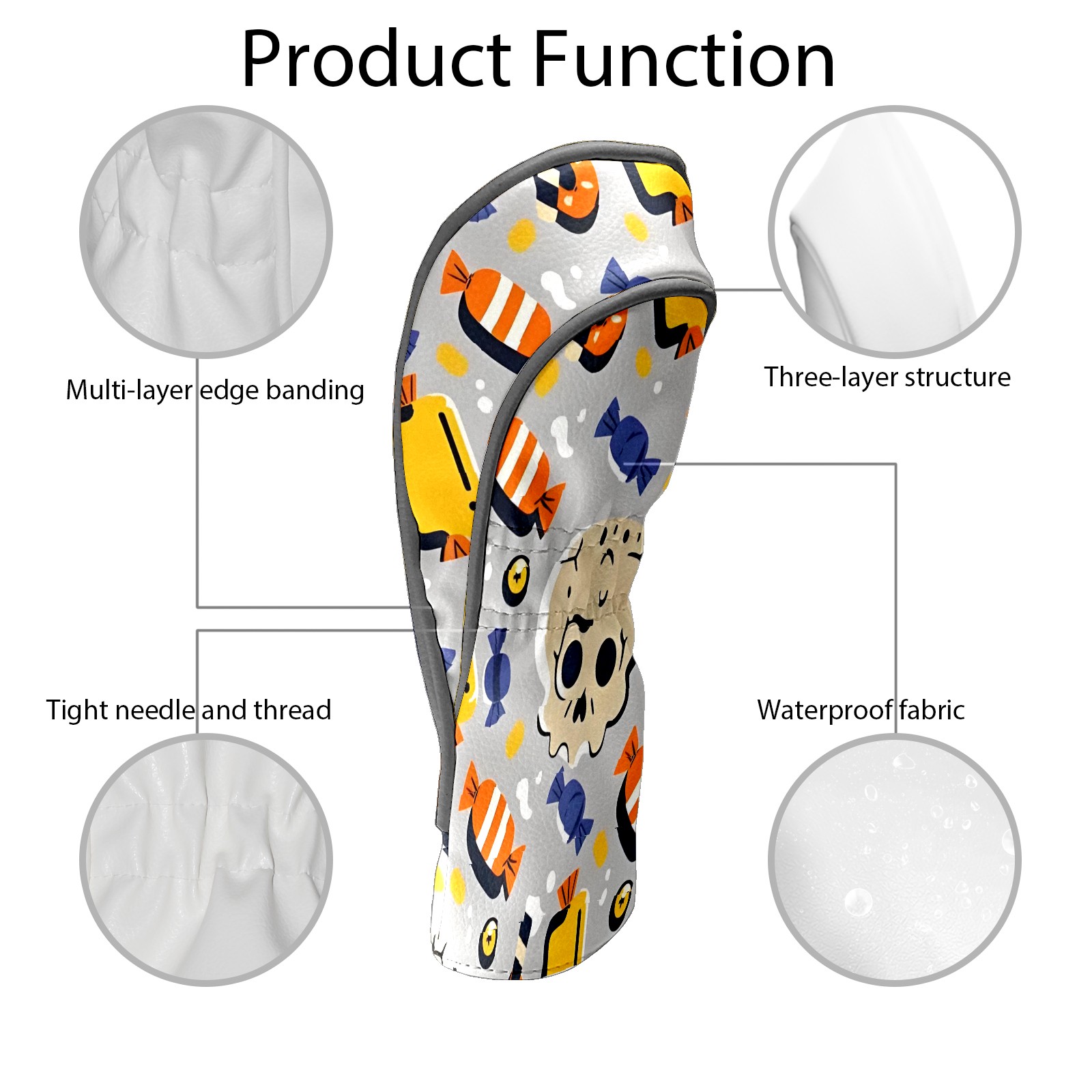 Golf Club Covers, Colorful HalloweenCandy Premium PU Leather Driver Hybrid Putter Head Covers with Velvet Lining, Waterproof Golf Gifts for Men Women