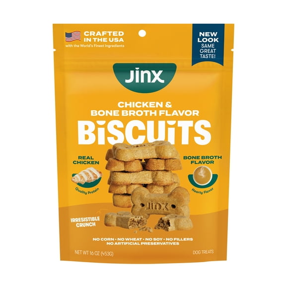 Jinx Chicken Bone Broth Biscuits, Crunchy Dry Dog Treats, 16 oz Bag