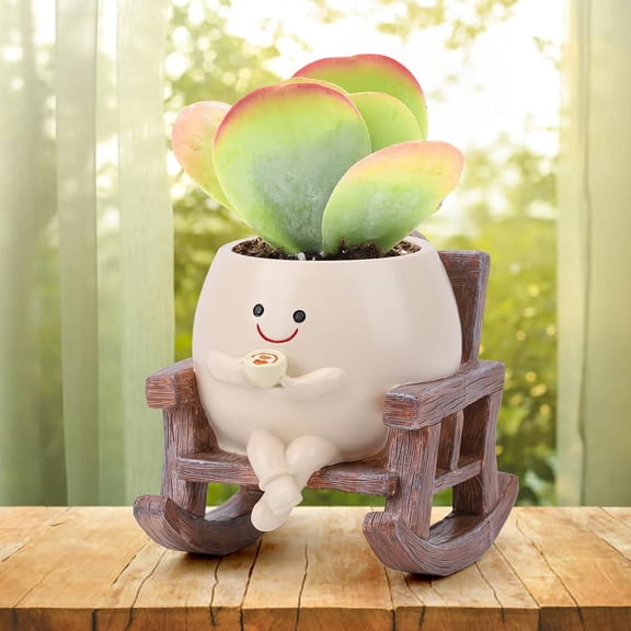 Smily Face Planter Pots for Indoor Plants, Cute Resin Flower Head Planters, Rocking Chair Succulent Flower Pots with Drainage Hole(Country Rustic)