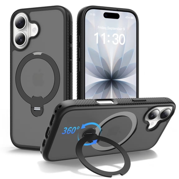 Sanwo for iPhone 16 Plus Magnetic Case,Shockproof 360° Rotating Ring Stand Cover,Hard PC TPU Protective Cover,Wireless Charging Compatible,Black