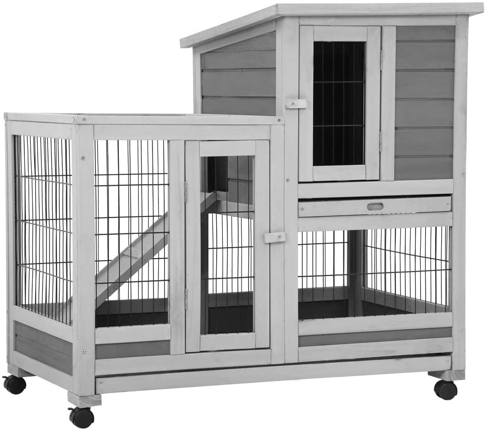 37 Inch Wood Rabbit Hutch Rabbit Cage Bunny Hutch Rolling Large Bunny