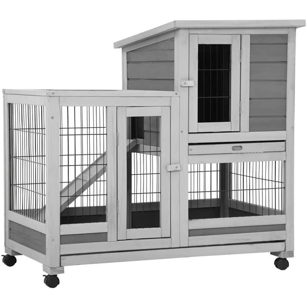 37 Inch Wood Rabbit Hutch Rabbit Cage Bunny Hutch Rolling Large Bunny