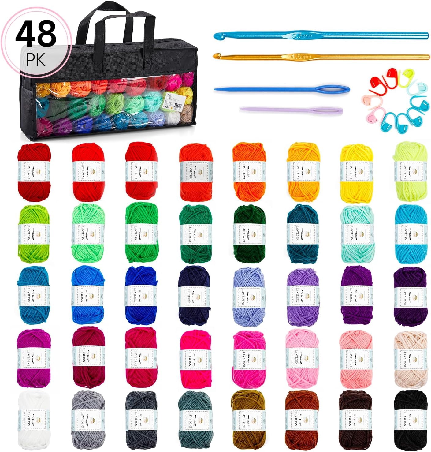 48 PCS Crochet Yarn Kit, 1400 Yards 40 Colors Acrylic Yarn Skeins, 2 Crochet Hooks, 2 Weaving Needles, 4 Stitch Markers, 1 Bag, for Crocheting & Knitting, Gift for Beginners and Adults
