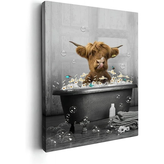AatoeaX Cute Highland Cow Wall Art Black and White Cow Bathroom Decor Pictures Rustic Cow in Bathtub Farmhouse Bathroom Painting Wall Décor for Bathroom Artwork