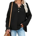thumbnail image 2 of Suéter de Punto Cuello en V Medio Botones Color Puro Abertura Lateral Manga Larga Suéter Suelto para Mujer Negro XL, 2 of 6