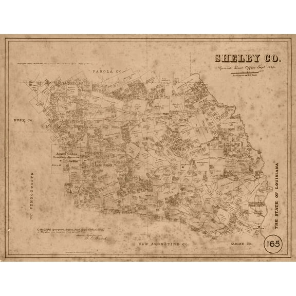 Historic County Map - Shelby County Texas - Walsh 1880 - Vintage Wall Art