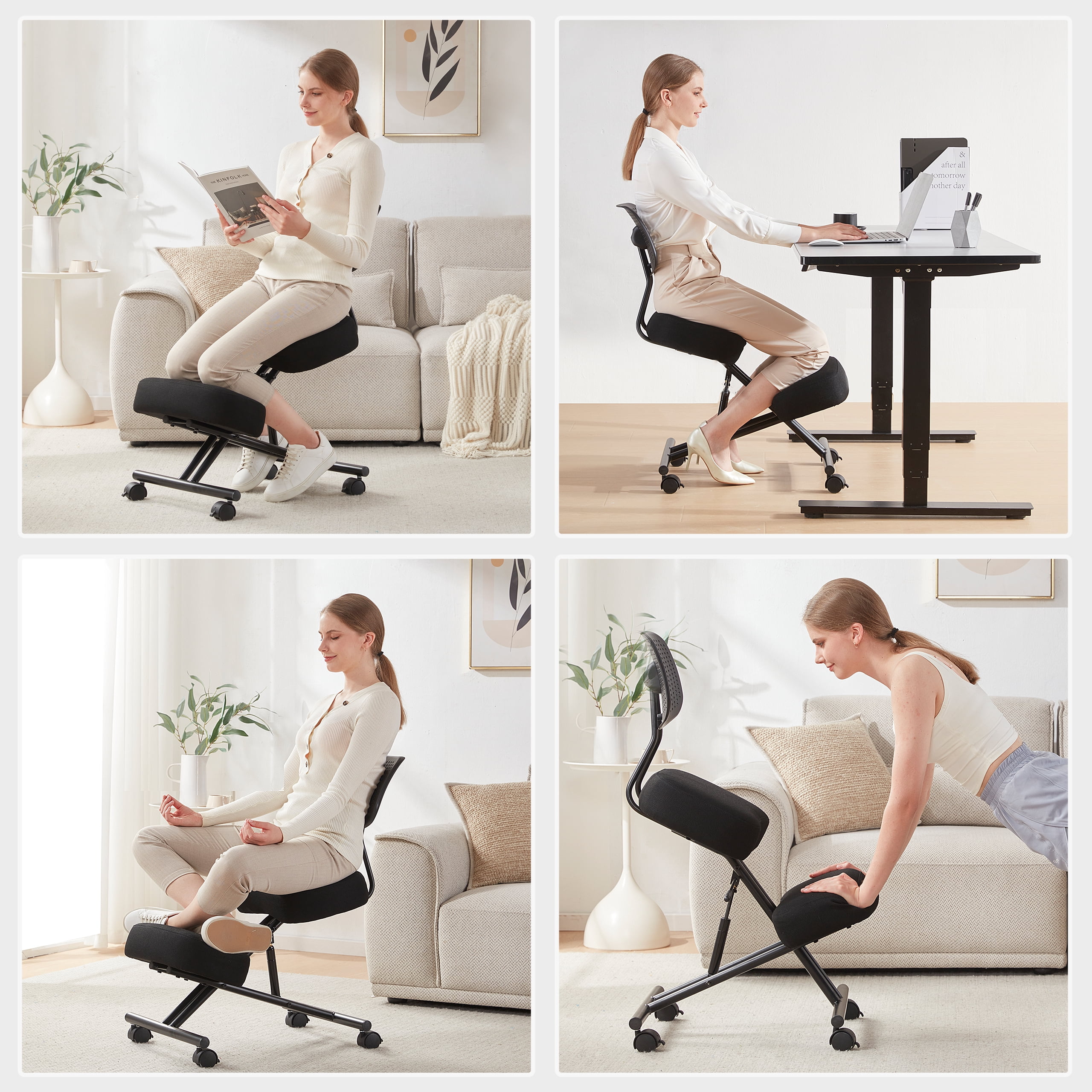 Someet Kneeling Chairs with Backrest Linen Ergonomic Home Office Chair Adjustable Height Seat Rolling Wheels Comfort Thick Cushion Work Stool Improve Posture Chair