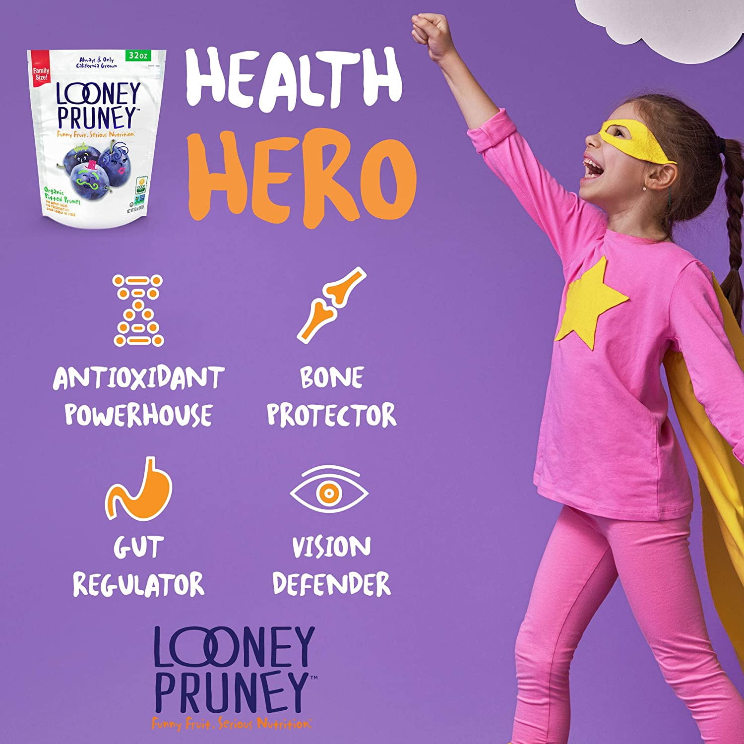 Looney Pruney Organic Pitted Dried Prunes 1-Pack (32oz Bag) for the Entire Family, Always California-Grown, Kosher, No Added Sugar & No Preservatives