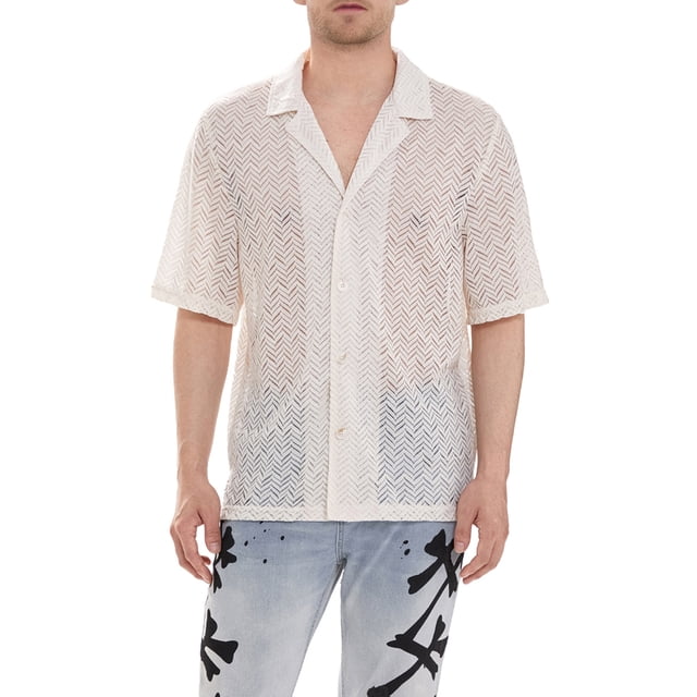 xiaxaixu Men’s Lace Shirt, Short Sleeve Turn-down Collar Button Closure Hollowed Beach Shirt Summer Tops
