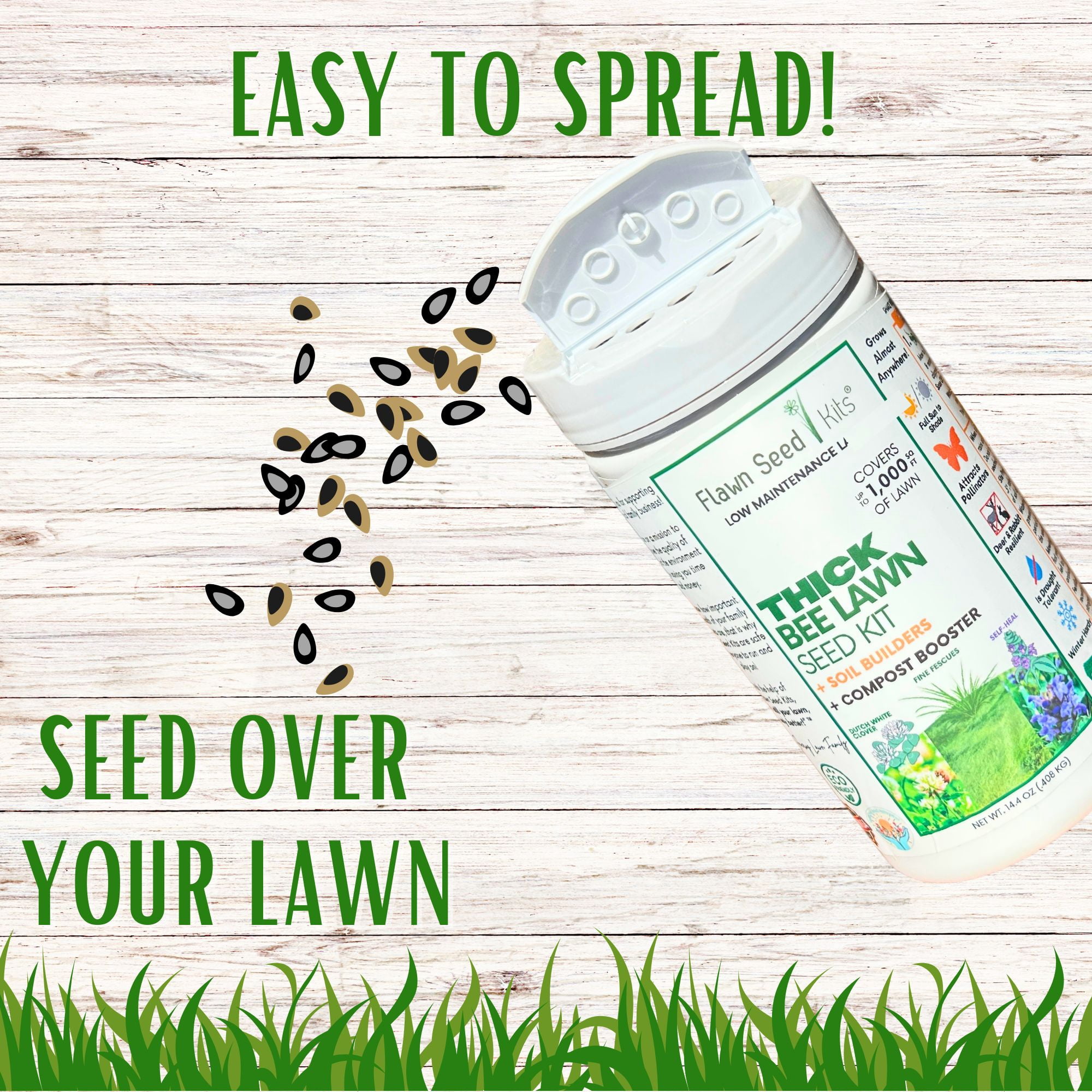Flawn Seed Kits 1000 Sqft Thick Bee Lawn Shaker, Dutch White Clover, Self-Heal Fine, Fescue Grass Flower Seeds, Perennial