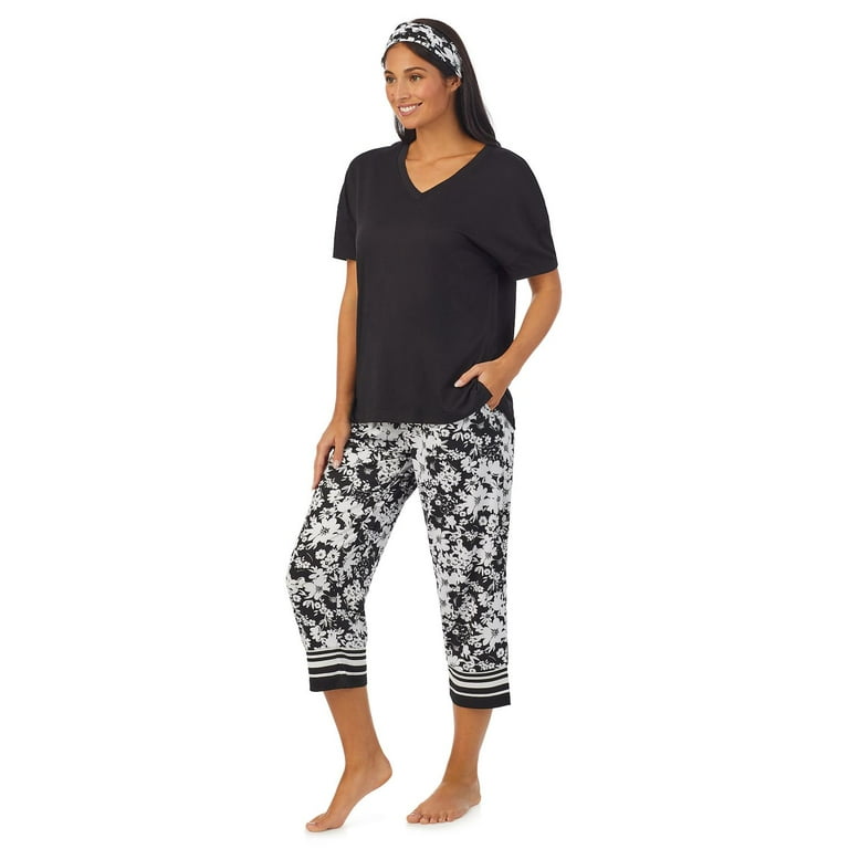 Women s Cuddl Duds Top Capri Bottoms Pajama Set with Headband Color Black Floral Size X SMALL