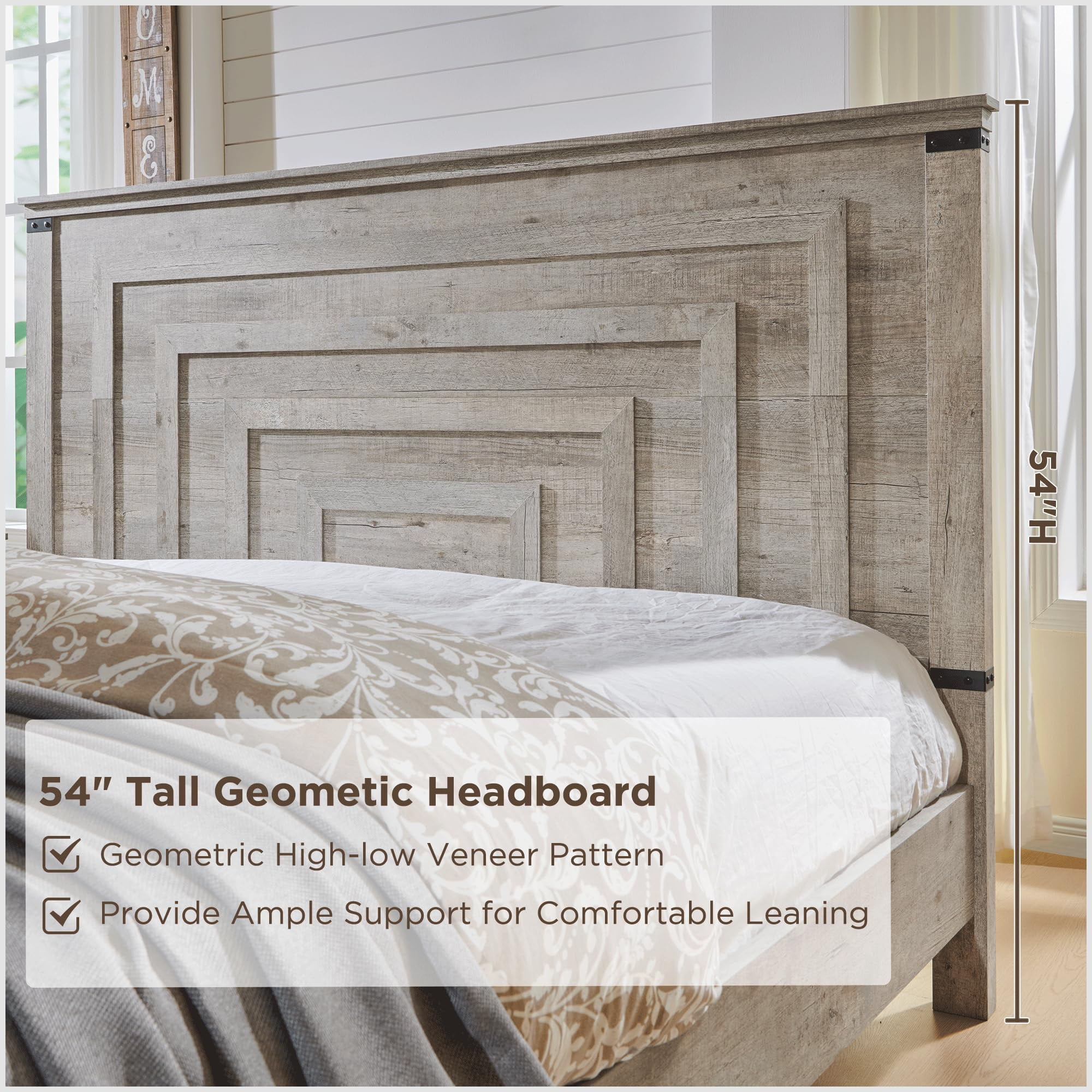 OKD Queen Size Bed Frame W/ 54" Tall Geometric Headboard, Farmhouse Wood Platform Bed W/ 2 Large Storage Drawers, No Box Spring Needed, Light Rustic Oak