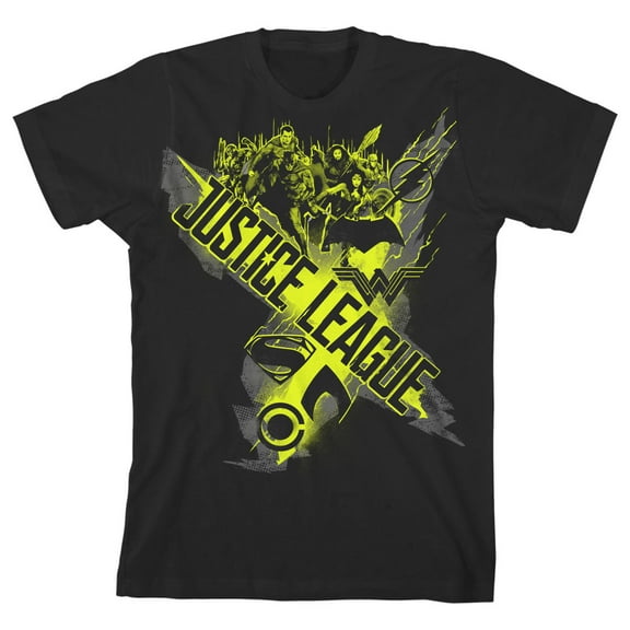 Justice League Movie Neon Green Banner Boy's Black T-shirt-M