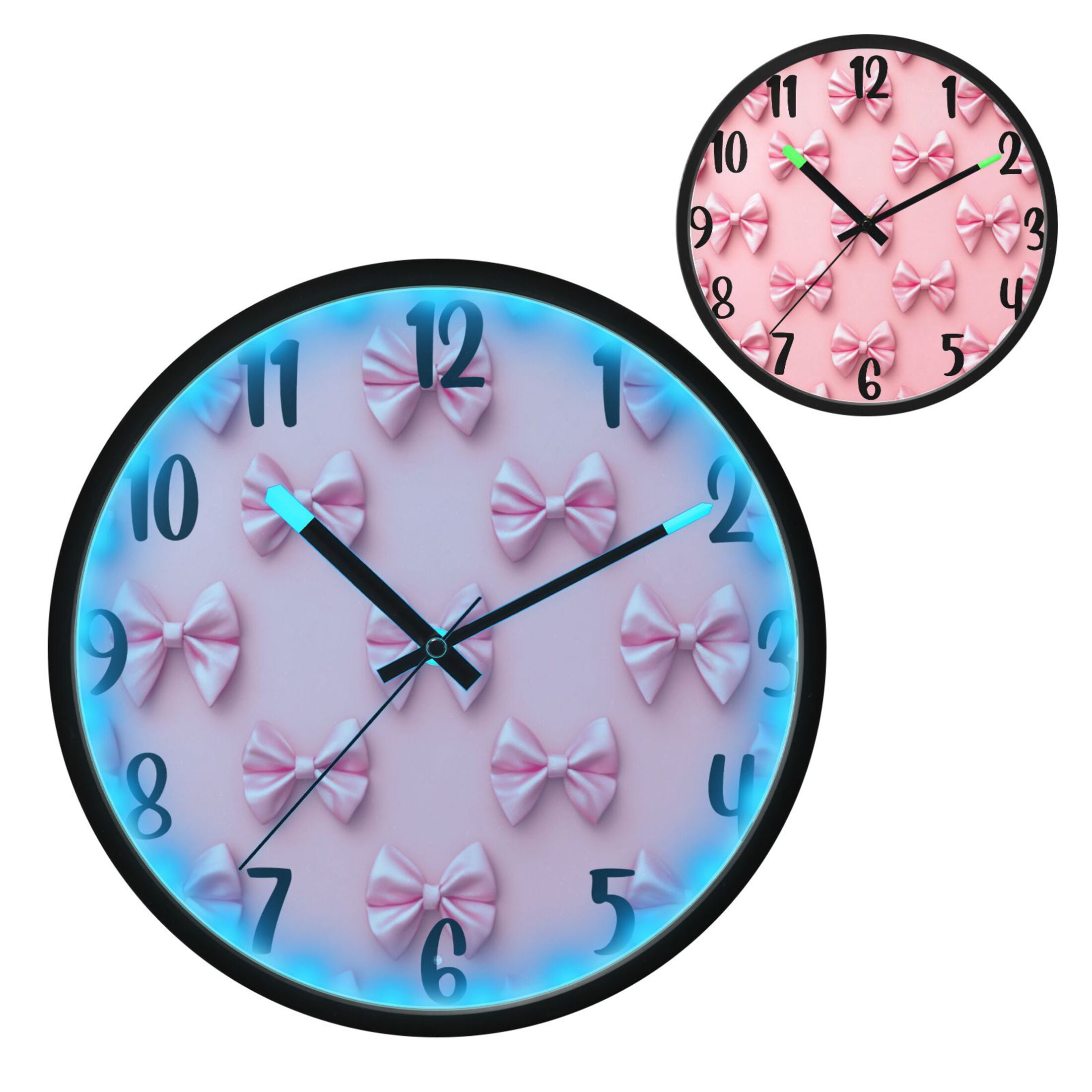 RMDQTR 12 Inch Sound-Activated LED Night Light Wall Clock Silent Sweep Movement Acrylic Face Battery-Operated for Bedroom/Living Room/School / Pink Simple Bows