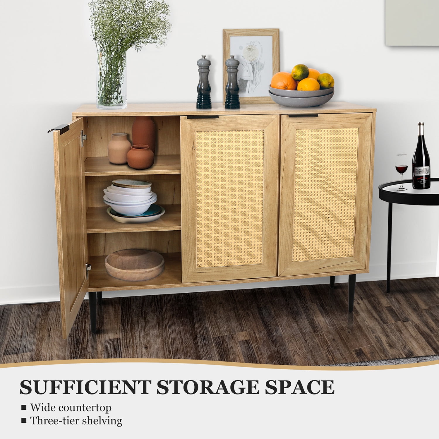 Kepooman 47.24" Wide Kitchen Storage Cabinet, Accent Storage Cabinet with 3 Rattan Doors, Sideboard for Bedroom with 3-Tier Shelving, Natural Kepooman 47.24" Wide Kitchen Storage Cabinet, Accent Storage Cabinet with 3 Rattan Doors, Sideboard for Bedroom with 3-Tier Shelving, Natural