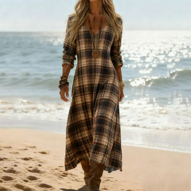 Heisall Robe Maxi Bohème à Smocks à Manches Longues pour Femme, Été, Décontractée, Ample, Florale, Plage, Vacances, avec Poches