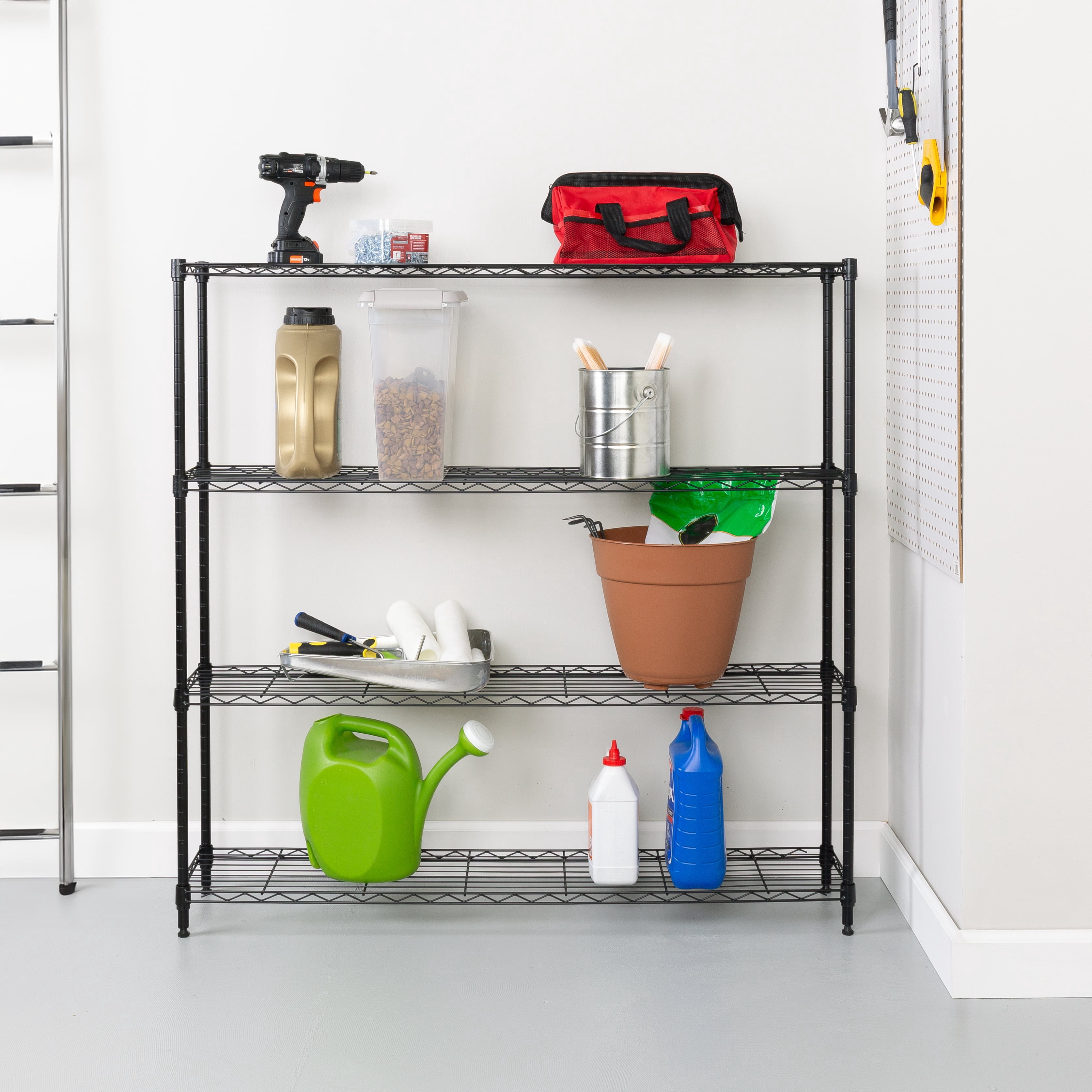 Honey-Can-Do 4-Tier Steel Slim Profile Wide Shelving Unit, Black, Holds up to 100 lbs per Shelf