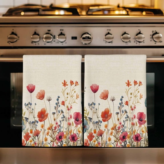 Pink Orange Teal Spring Floral Kitchen Towels Set of 4, Watercolor Botanical Summer Flowers Absorbent Dish Towels for Kitchen, Microfiber Hand Towel, Quick Drying Tea Towel for Cleaning Dishcloths