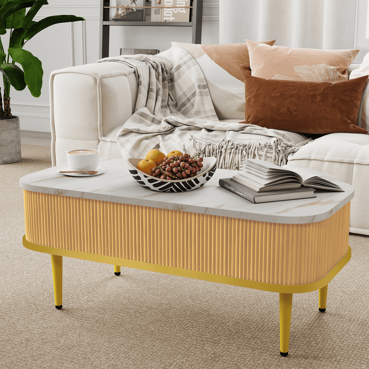 BaPiPro 39" Lift Top Coffee Table with Storage, Modern Fluted Rectangle Center Table with Hidden Compartment for Living Room, Home Office, Oak