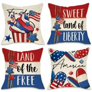 Fahrendom 4th of July YPF5 Patriotic Decorative Throw 18 x 18 Set of 4, Cupcake Popsicles Freedom America Land of The Free Liberty Outdoor Pillowcase, USA Sweet Summer Cushion Case Home Decor