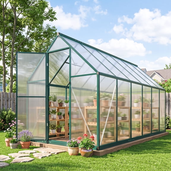 Outsunny 11x6 ft Polycarbonate Greenhouse with Swing Door and Two Adjustable Roof Vents, Aluminum Walk-in Greenhouse, Dark Green