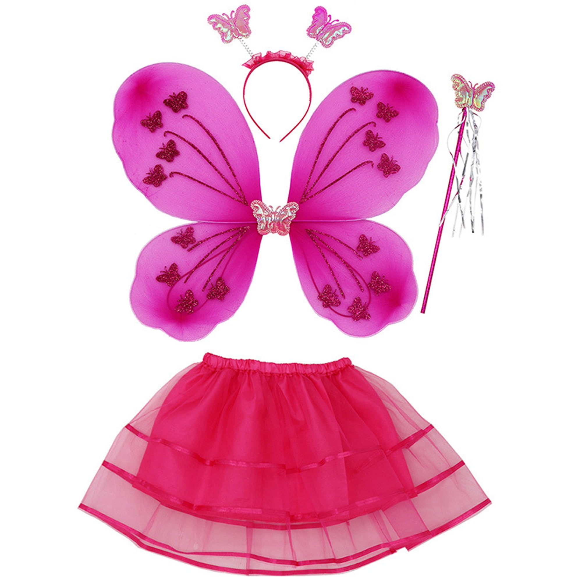 4Pcs Kids Baby Girls Fairy Costume Set Headband Butterfly Wings Wand Tutu Skirt 