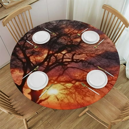 

African Round Fitted Tablecloth Sunset Kwando River Evening Wilderness Print Elastic Edged for Banquet Coral Orange Black
