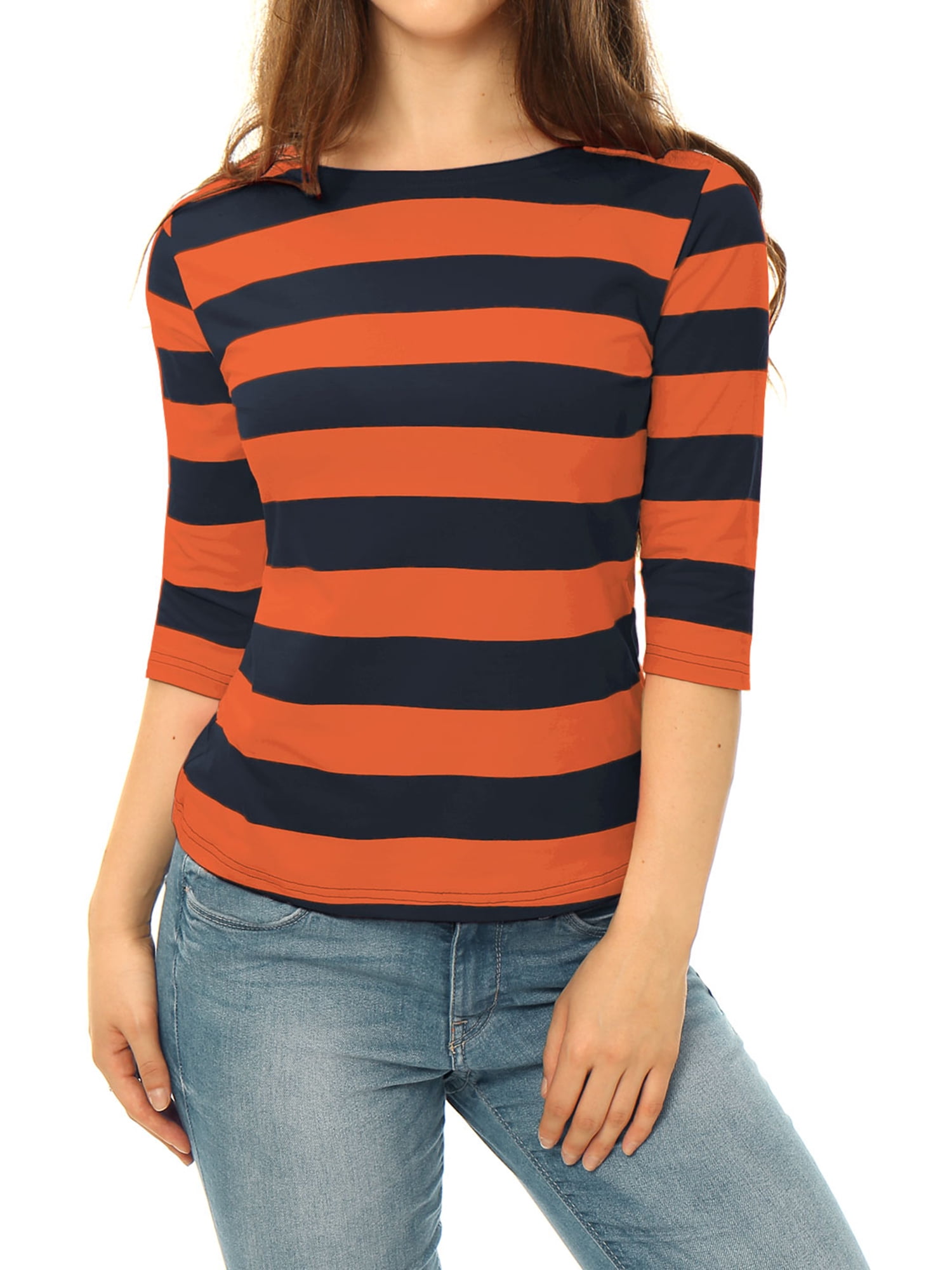 DARING DIVA Women's Halloween Costume Boat Neck Top T-Shirts L Orange Navy