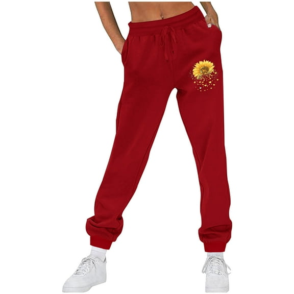 USNSM Women's Jogger Sweatpants Baggy Drawstring Plus Size Lounge Pants Cute Sunflower Print Joggers Pants with Pockets Red M