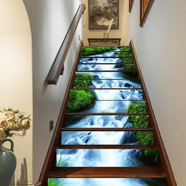 Fyydes 3D Stair Sticker,Wall Sticker,6pcs Waterproof Waterfall Pattern Stair Stickers 3D Self-Adhesive Wall Floor Decal Wallpaper Decor