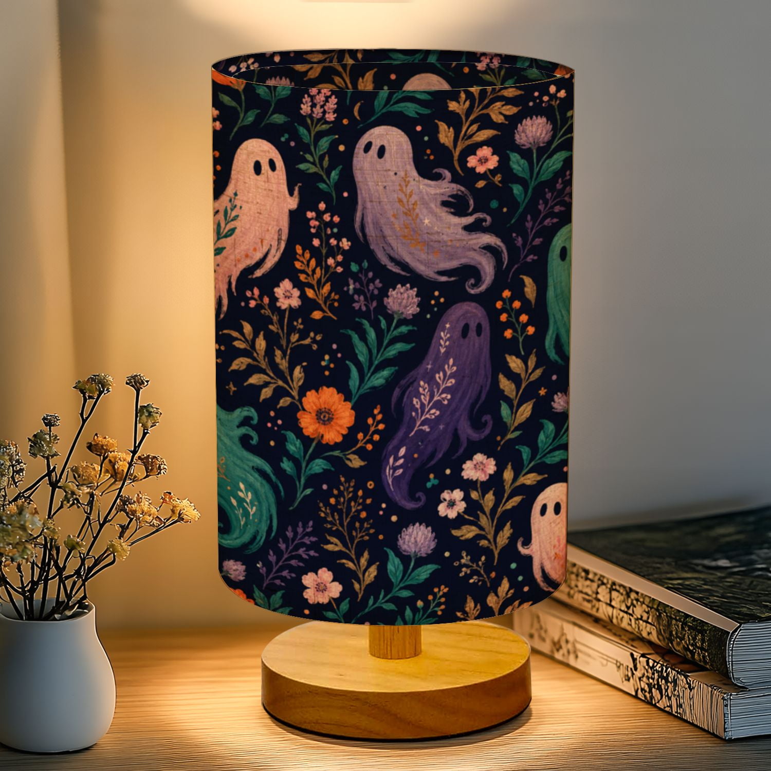 Gothic 16-Color Dimmable Table Lamp Cute Floral Ghost Forest Funny Dark Bedside Lamp Nightstand Light for Bedroom Nursery Wood Base Fabric Shade Reading Lamps Gifts for Kids