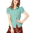 thumbnail image 4 of Women's Plaid Shirt Sleeve Lace Patchwork Oktoberfest Short Sleeved Lapel Top, Stylish Beer Festival Shirt, Casual Checked Blouse with Lace Details, Trendy Short Sleeve Shirt for Fall and Spring Wear, 4 of 6