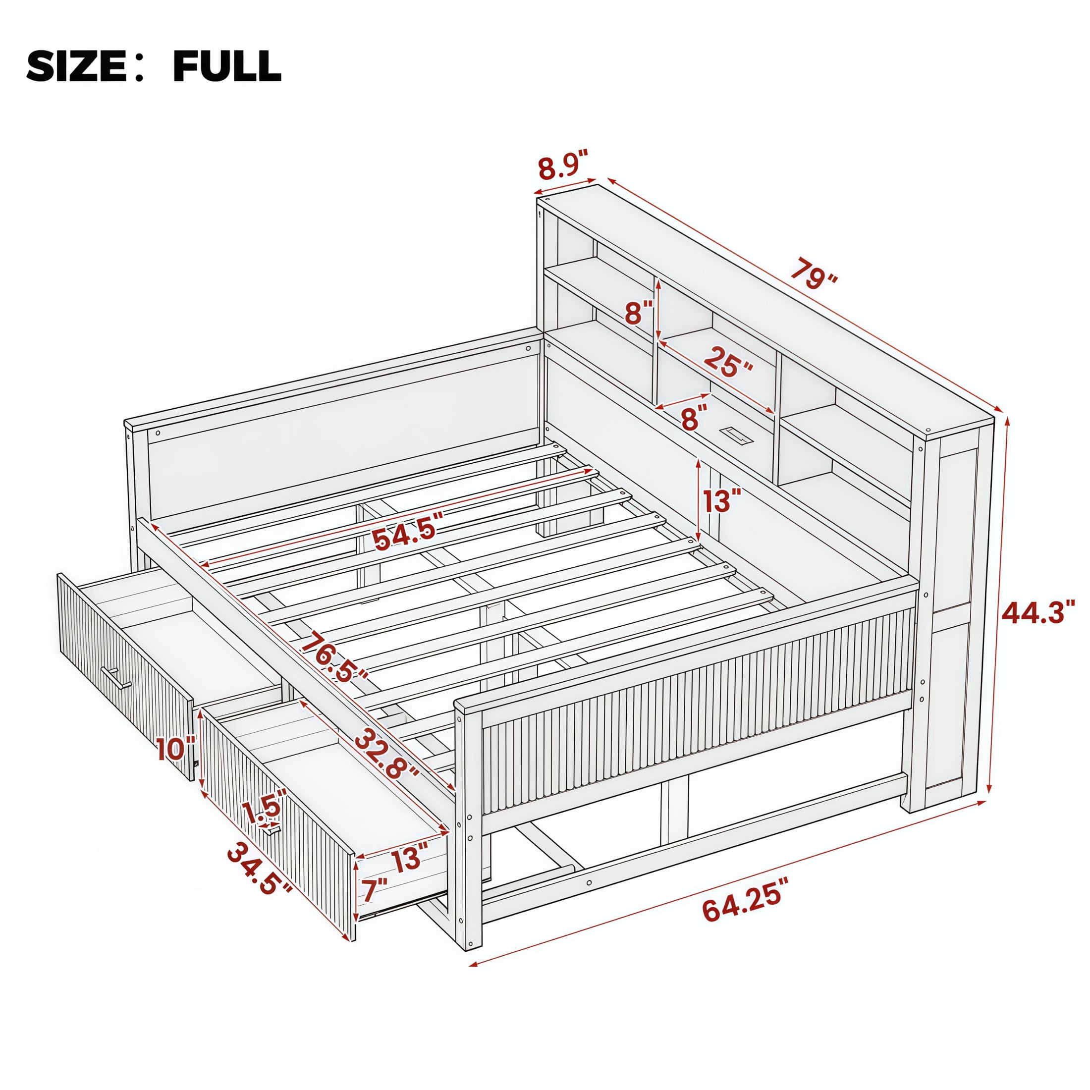 GDF Studio Josha Full-Size Wooden Daybed with Bookcase Headboard, Storage Drawers & Built-In Charging Station, White