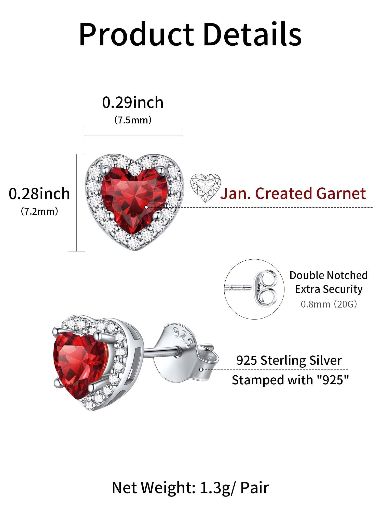 ChicSilver Red Birthstone Stud Earrings Heart Cut Cubic Zirconia Hypoallergenic Jewelry Sterling Silver Birthday Mother's Day Gifts for Women Mom