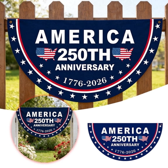 4th of July USA Flag Banner 250th Anniversary Merica Bunting Half Fan Patriotic Porch Garland Decoration 1776-2026 US Red White Blue Memorial Flag with Stars and Stripes