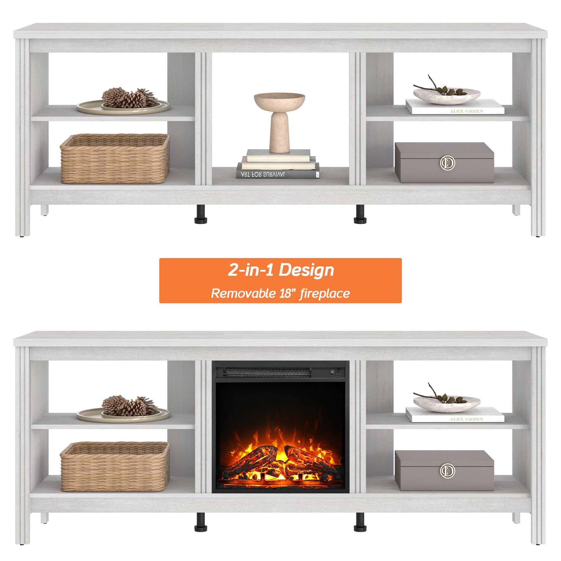 Fitueyes TV Stand for 65+ inch TV Entertainment Center, Fireplace TV Console Table for 55/65/75 inch TV with 4 Storages for Living Room Bedroom, Gray White