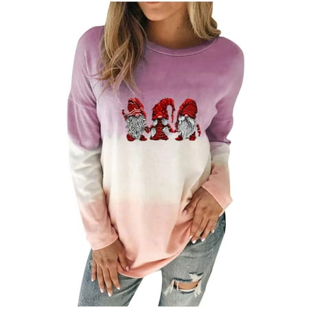 

jsaierl Christmas Sweatshirt Women Long Sleeve Gnomes Print Gradient Top Workout Crewneck Sweatshirt Cute Pullover Christmas Gifts for Teen Girls