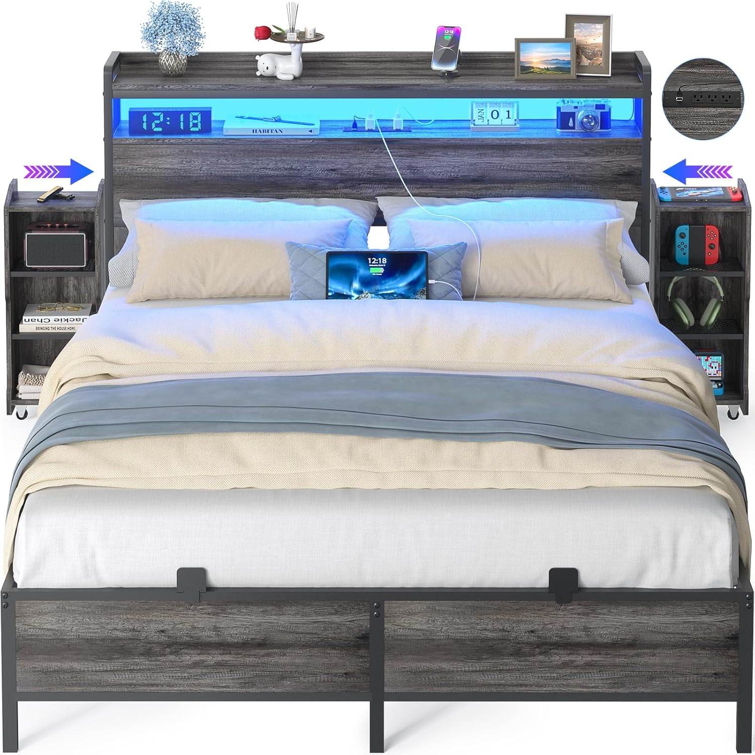 iSunirm Full Size Bed Frame with LED Light and Storage Headboard, Full Platform Bed Frame with Slide Out Bedside Cabinet and Power Outlets, Metal Slat, No Box Spring Needed, Noise Free, Black Oak