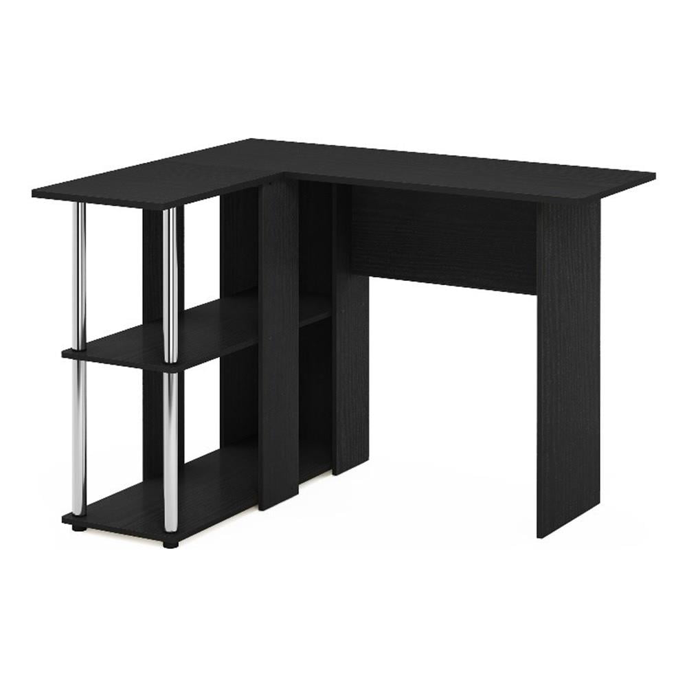 Furinno Abbott L-Shape Desk with Bookshelf Americano Stainless Steel Tubes