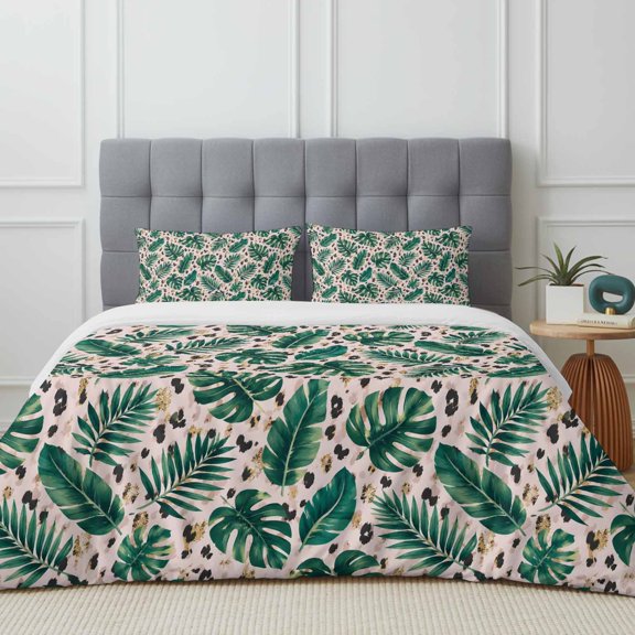 Queen Size Duvet Cover 4 Piece Bedding Set Summer Tropical Green Monstera Bed Sheet Sets Soft Microfiber Comforter Cover with Flat Sheet 2 Pillow Shams